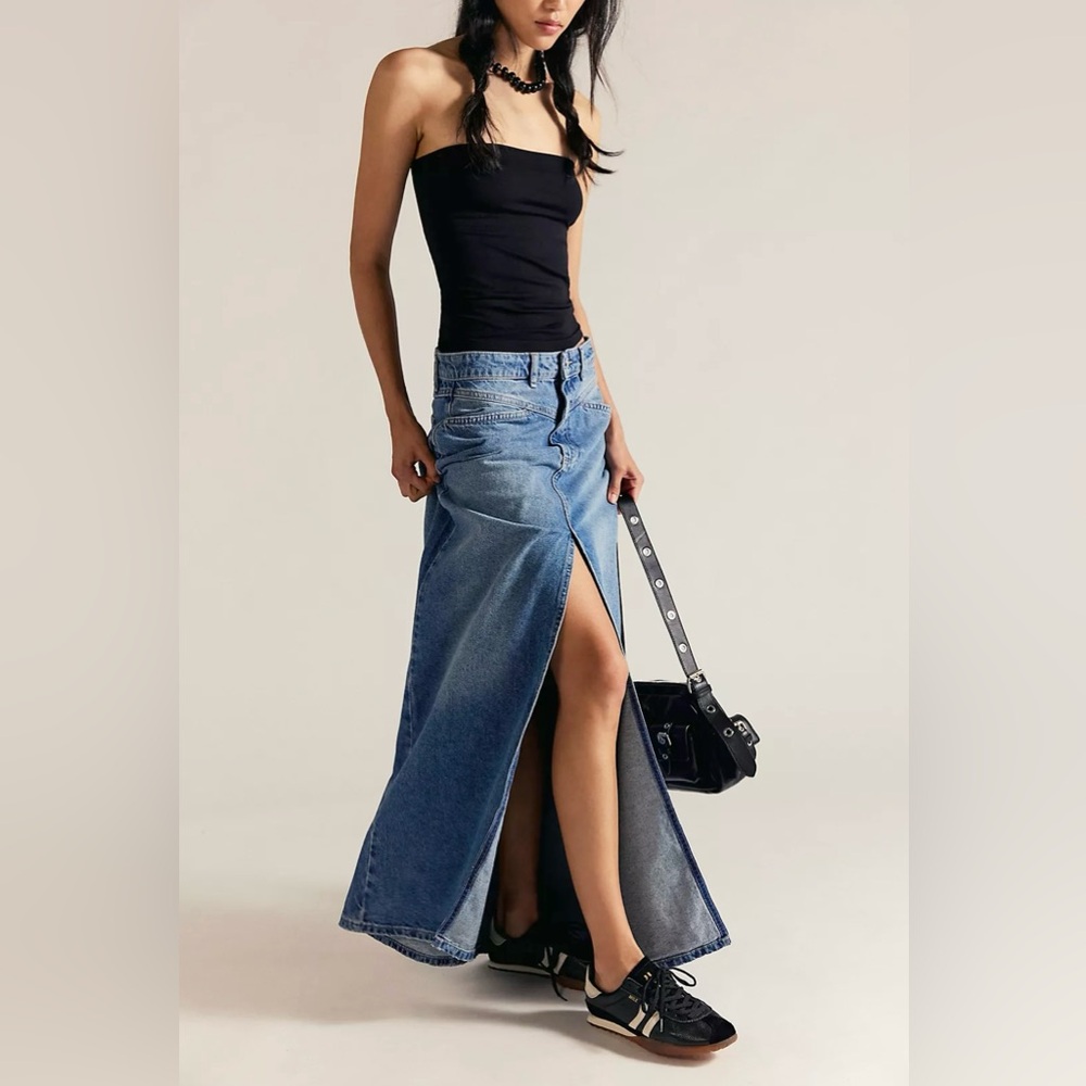 Free People Come As You are Denim Maxi Skirt Sapphire Blue With Slit NWT